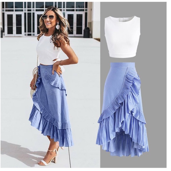 Chicwish  RUFFLE TIERED FRILL HEM SKIRT IN BLUE STRIPES, size S - Picture 5 of 17